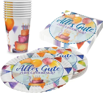 Produktbild von Happy Birthday Partyset Watercolor mit Tellern, Bechern, Servietten – 36-teilig