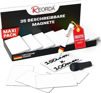 Produktbild von Reorderbare Magnetetiketten - 35 Stück - 10x15mm (+ Stift) | Ersetzbare, beschreibbare Magneten für Whiteboards, Kanbanbördchen und Magnetenbördchen - beschreibbare Magneten für den Kühlschrank