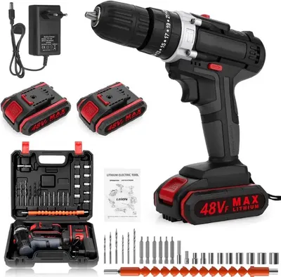 Image de Visseuse sans fil 48 V – Perceuse-visseuse à percussion avec 2 batteries de 6 500 mAh, 45 Nm, kit de perceuses professionnelles