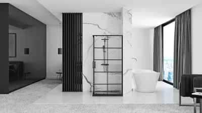 A modern bathroom with a shower cabin, bathtub, and a view through the window.
