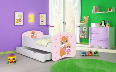 Image de ACMA I Lit d'adolescent Lit d'enfant Lit junior Set complet avec matelas Sommier blanc 33 minous 140x70 + coffre de lit