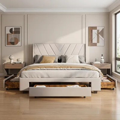 Produktbild von INONEFT Polsterbett 140x200cm mit 3 Schubladen, Jugendbett Stauraumbett mit Lattenrost, Funktionsbett Doppelbett, Leinen, Beige