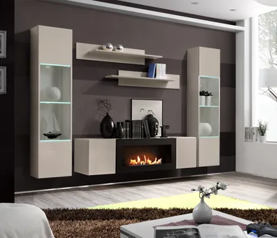 A modern living room with a wall-mounted entertainment unit featuring a fireplace and shelves.