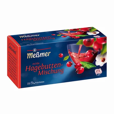 A box of Meßmer milde Hagebutten-Mischung tea.