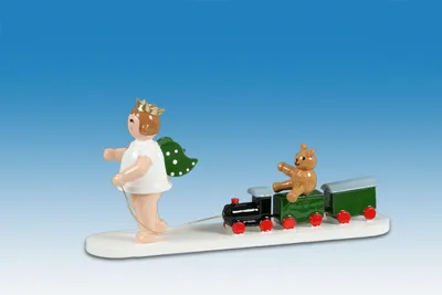 Produktbild von Holzfigur Engel mit Eisenbahn ohne Krone Höhe 6cm NEU