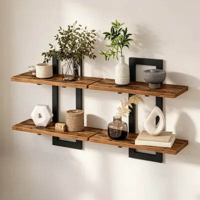 Produktbild von Relaxdays Wandregal, 2er Set, Metall & Holzoptik, Schweberegal für Bilderrahmen & Deko, Wohnzimmer, Flur, braun/schwarz
