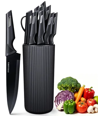 Productafbeelding van Messenset met blok - 12-delig - Roestvrij staal - Zwart - Koksmes - Steakmessen - Keukenschaar