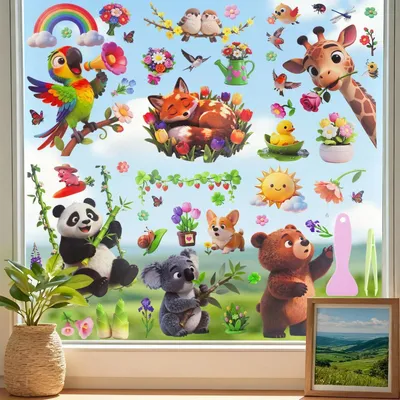 Productafbeelding van Raamdecoratie lente, 8 stuks, bosdieren, zelfklevend, PVC, vogelbescherming, 20x30 cm