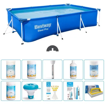 Image de Piscine rectangulaire en acier - 300 x 201 x 66 cm - Bleue - Inclut : générateur de chlore, kits de test, kit de réparation, brosse de nettoyage, appareil de mesure du pH, thermomètre
