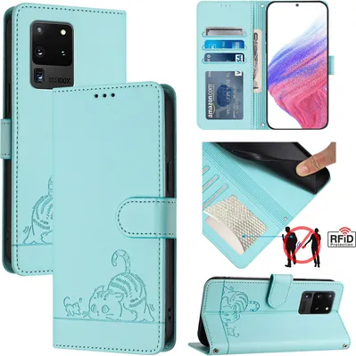 Produktbild von Leder Hülle für Samsung Galaxy S20 Ultra Süße Katze Flip Case Brieftasche Schutzhülle mit Standfunktion hellgrün