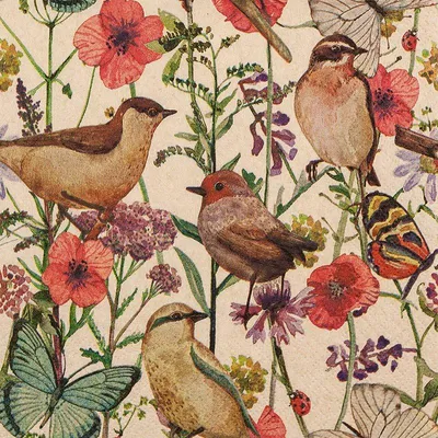 Produktbild von 20 Servietten aus Recycling-Papier Birds in Spring eco - Vögel an Blumen im Frühling 33x33cm