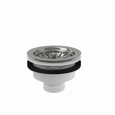 A sink drain assembly with a stainless steel strainer and plastic body, shown against a white background.