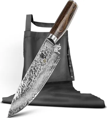 A chef's knife and apron are displayed against a white background.