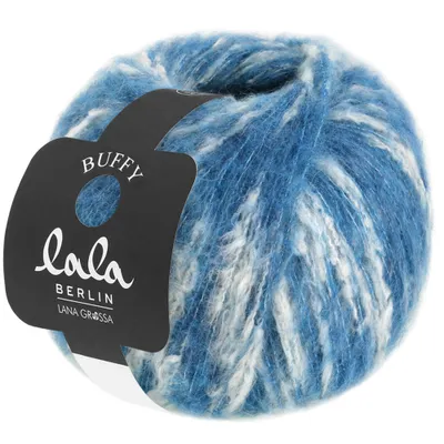 A ball of yarn with a product tag attached.