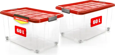 Produktbild von 2x 60 L Aufbewahrungsbox mit Deckel groß rollbar rot - stabile & robuste Box