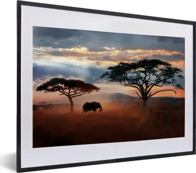 Produktbild von MuchoWow® MuchoWow® Gerahmtes Poster Elefant - Baum - Berg - Afrika 40x30 cm - Poster mit zchwarzem Bilderrahmen - Bilderrahmen - Poster im Rahmen