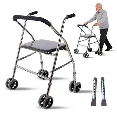 Zdjęcie produktu dla Składany chodzik, lekki rollator, regulowana wysokość, pomoc dla seniorów, stabilny chodzik, antypoślizgowa pomoc pielęgnacyjna, model 4-kołowy z zapasowymi nóżkami