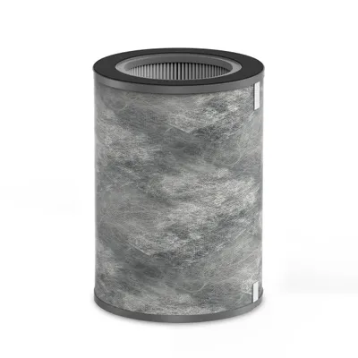 A cylindrical air filter with a gray, textured surface and a black rim.