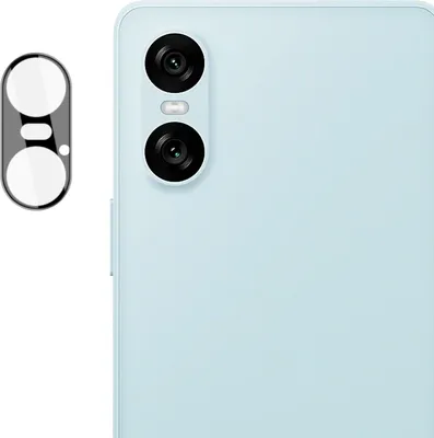 A product shot of a phone camera lens protector next to a phone's camera module.