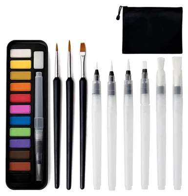 Produktbild von 25-teiliges Set mit Aquarellfarben, 12 Farben, Nylonpinsel und Aufbewahrungstasche