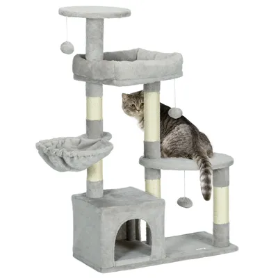 Image de PawHut Arbre à chat arbre à grimper griffoir pour chat hauteur 104 cm centre d'activités multi-niveaux colonnes renforcées 3 boules suspendues gris clair