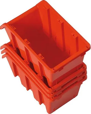 A stack of orange plastic storage bins.