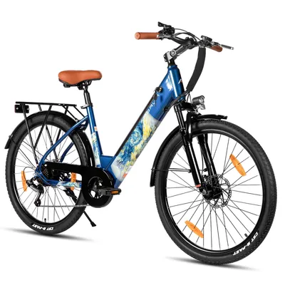 Produktbild von Hiland 26 Zoll 7-Gang 250W Elektrofahrrad für Männer und Frauen, Elektrisches Citybike mit 36V 7,8Ah Akku, mit Vorder- und Rücklicht, Blau