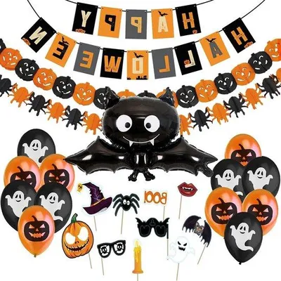 Produktbild von Halloween- Dekorationssatz - Gruselige Halloween- Dekorationsschleife - Große Eulen- und Kürbisschmuckbänder - Spukhafte Fotobackdrops für Halloween-Party Kinder