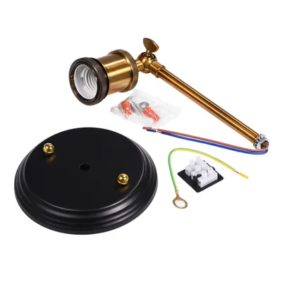 A collection of parts for a vintage-style wall lamp, including a base, a lamp holder arm, wiring, and mounting hardware, laid out on a white background.