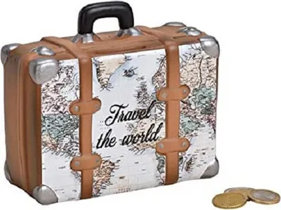 Produktbild von Spardose Sparschwein Sparbüchse Koffer Travel the world 14x13x6 cm