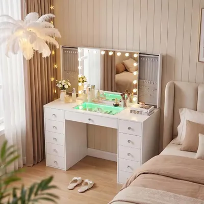 Image de Coiffeuse VANITII avec miroir éclairé par LED, intensité réglable et 11 tiroirs