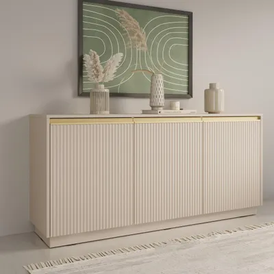Produktbild von 150 cm Sideboard im Glamour Stil Imperial 3-türig Kommodenschrank mit gefräste Fronten stilvoll Kommode mit Griffe im gebürstetem Gold, Farbe: Sandbeige / Beige
