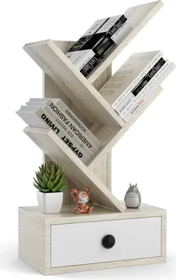 Produktbild von COSTWAY 5-stöckiges Bücherregal mit Schublade, Standregal in Baumform, freistehendes Aktenregal Aufbewahrungregal Holz für Schlafzimmer Wohnzimmer, 30 x 17,5 x 60 cm (Beige)
