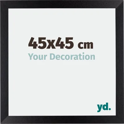A black picture frame with text indicating its size and a logo.