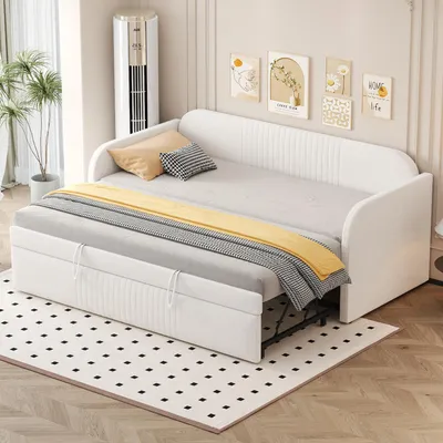 Zdjęcie produktu dla Łóżko tapicerowane Sweiko Rozkładana sofa 90/180x190 cm, w pionowe pasy, ze stelażem z listew, wielofunkcyjne łóżko, wygodna i oddychająca tkanina lniana, beżowa (materac nie wchodzi w skład zestawu)