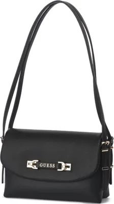 A black Guess shoulder bag is shown against a white background.