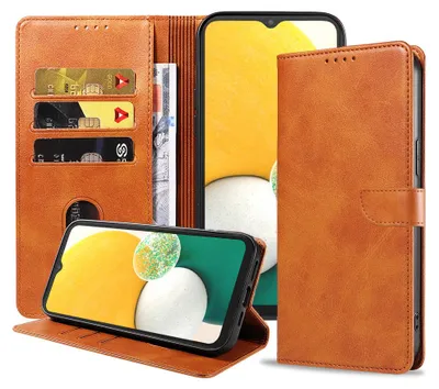 Produktbild von Geschikt voor Samsung  Galaxy A13 5G Telefoonhoesje Kunstleer met Magnetisch lipje en Pasjeshouder  Book Case met Klepje - Bruin - Smartphonica