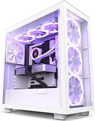 A white computer tower with purple LED lighting.