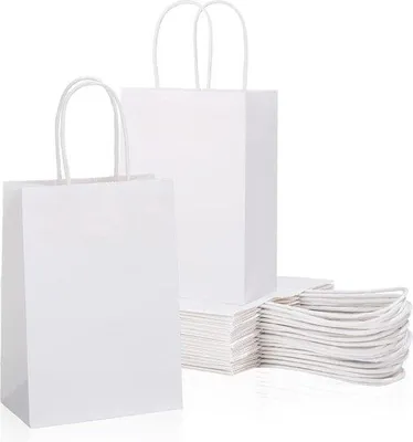 Produktbild von Famanu Papiertüten mit Griff weiß - 60 Stück - Geschenktüten Kraftpapier - 21 x 16 x 8 cm