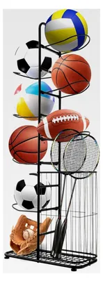 Produktbild von Ballregal mit 7 Ebenen, Basketball Aufbewahrungsregal, Sportausrüstungsständer mit verstellbaren Füßen für Garage, Haus, Fitnessstudio, Schwarz