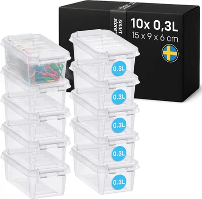 Produktbild von Aufbewahrungsbox mit Deckel klein 0,3 L - 10 transparente und stapelbare Kunststoffbehälter mit Clipsverschluss - Kunststoff BPA-frei und lebensmittelecht - 15 x 9 x 6 cm
