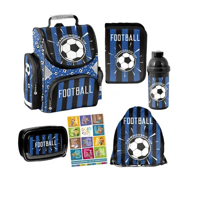 Produktbild von Goldkids - Schulranzen für Jungen und Mädchen, 6er-Set - Schul-Rucksack für Kinder mit Federmäppchen - Schuhbeutel Trinkflasche und Brotdose - Fußball
