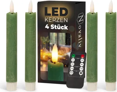 Produktbild von Stabkerzen LED mit Timer Grün 4 Stück Grün indoor - 6 Stunden - ECHTWACHS 18cm Höhe für Kerzen 2,2cm Durchmesser 2 AAA Batterien notwendig LED Stabkerzen flackernde Flamme bewegliche Flamme Licht