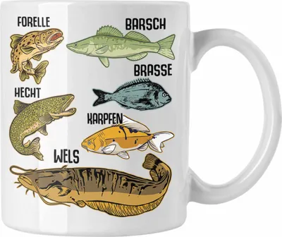Produktbild von Trendation - Angler Fischer Tasse mit Fischarten Geschenk Raubfische Hobbyangler Hecht Forelle Barsch Angeln Kaffeetasse (Weiß)