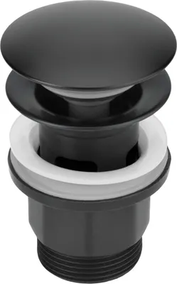 A black click-clack drain stopper for a sink.