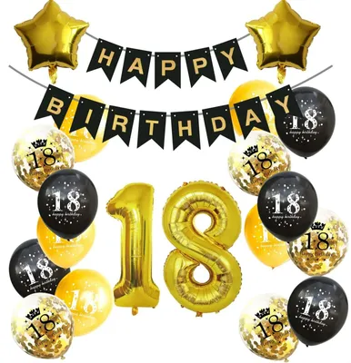 Produktbild von 18. Geburtstag Party Deko Set - Girlande + Zahlen 18 + Luftballons Schwarz Gold + Konfetti