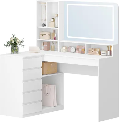 Image de Table de coiffage avec miroir - Table de maquillage - Rangement pour bijoux - Éclairage LED réglable - 40x120x137,7 cm - Blanc