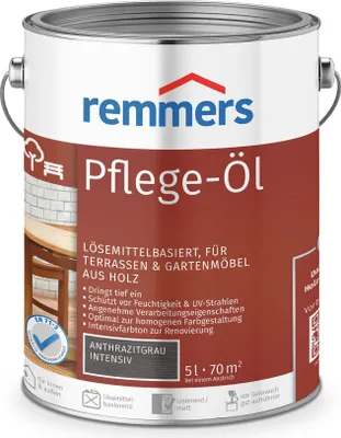 Produktbild von Remmers Pflege-Öl anthrazitgrau intensiv, 5 Liter, Holzöl für Holz innen und außen, wasserabweisend, wetterfest, für Gartenmöbel und Holzterrassen geeignet