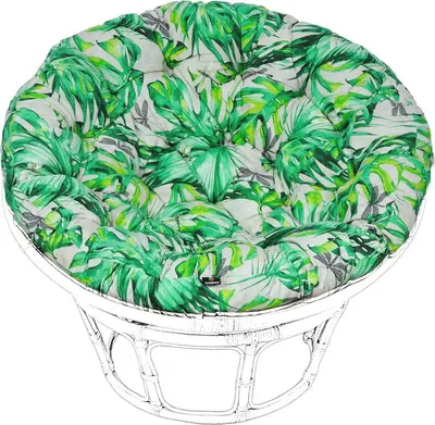 A papasan chair cushion with a tropical leaf pattern.