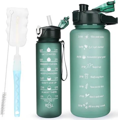 Zdjęcie produktu dla Zestaw butelek do picia Ibzoa® o pojemności 2 L i 750 ml, z oznaczeniem czasu, wyjmowaną słomką, uchwytem i paskiem, wolny od BPA, przeznaczony do kontaktu z żywnością, szczelny, idealny do sportu i fitnessu